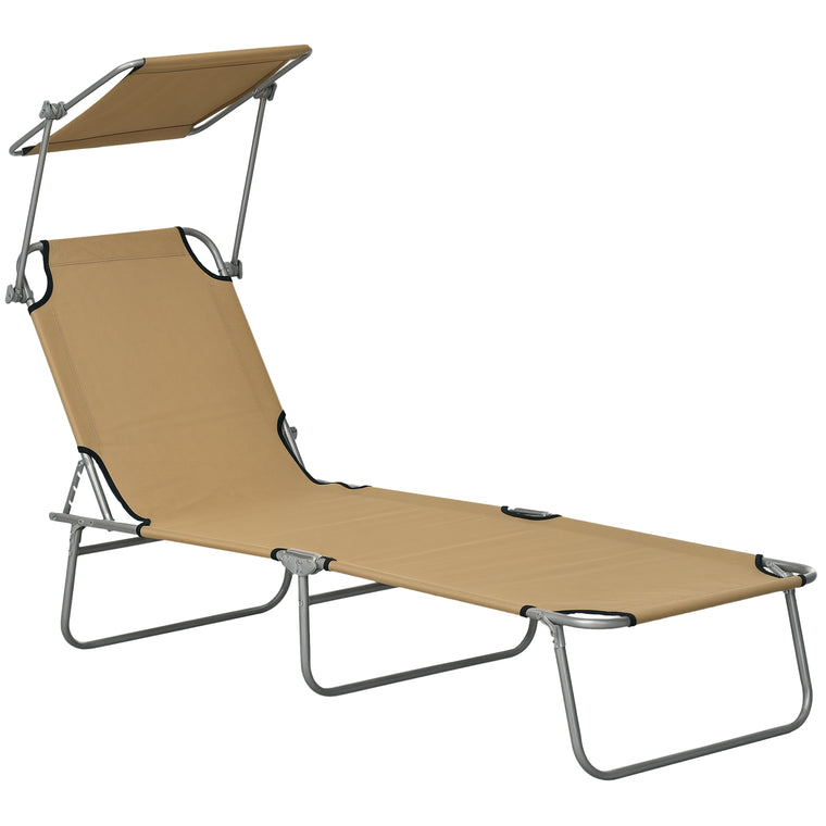 Adjustable Folding Chaise Lounge with Sun Shade - Brown