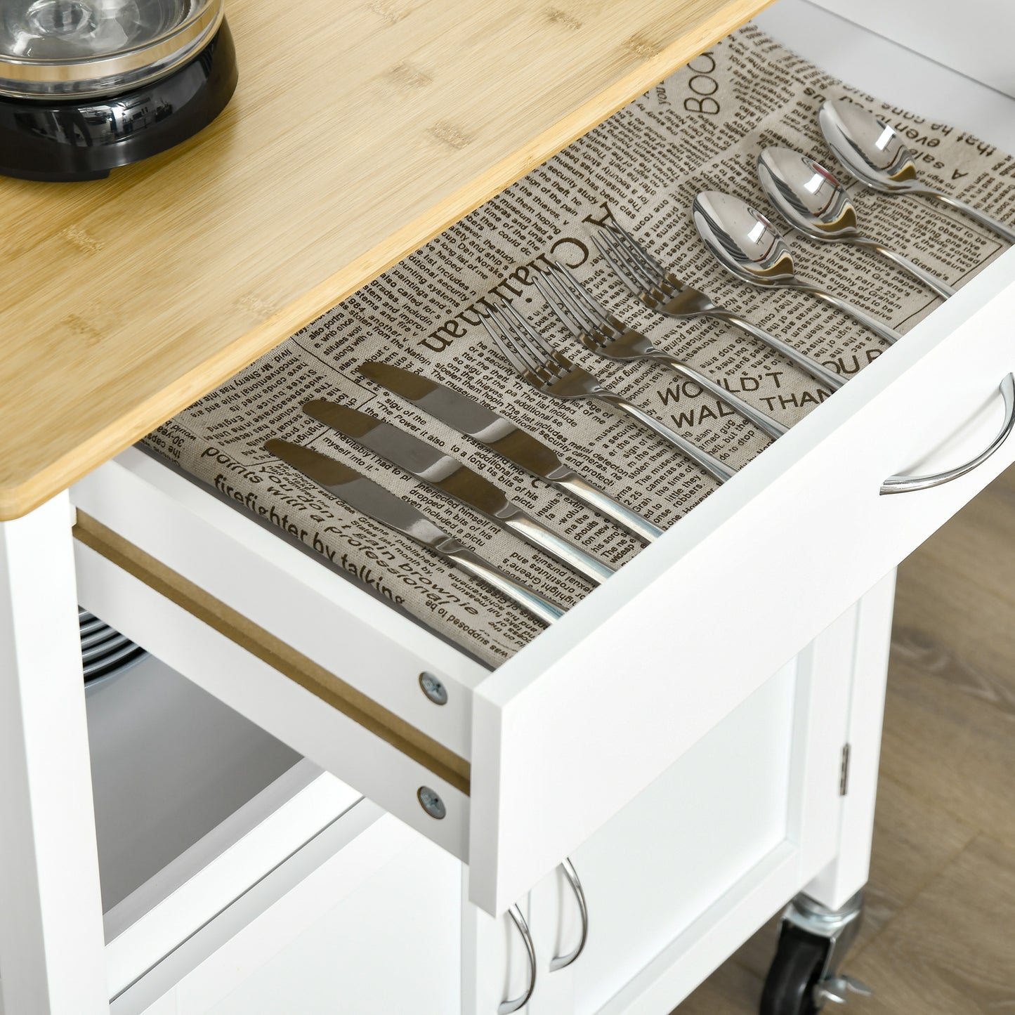 Kitchen Cart, Utility Trolley, Small Kitchen Island with Storage Drawer & Side Hooks for Dining Room, White