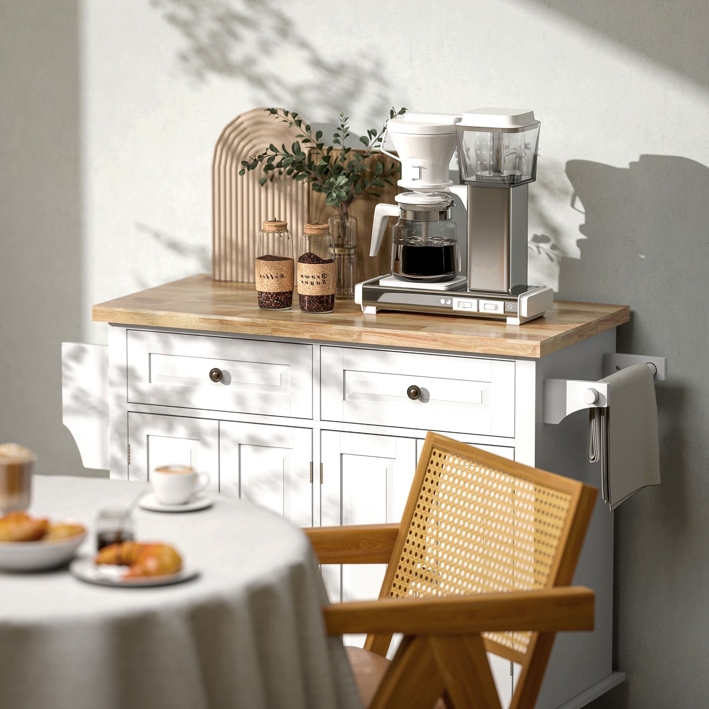 Kitchen Island with Storage, Rolling Trolley Cart with Rubber Wood Top, Spice Rack, Towel Rack, Grey
