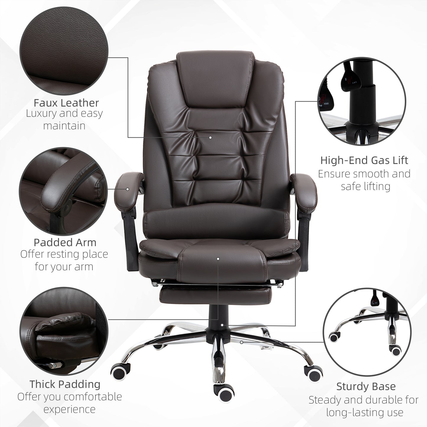 High Back Office Chair PU Leather Executive Office Chair with Retractable Footrest Padded Armrest Coffee