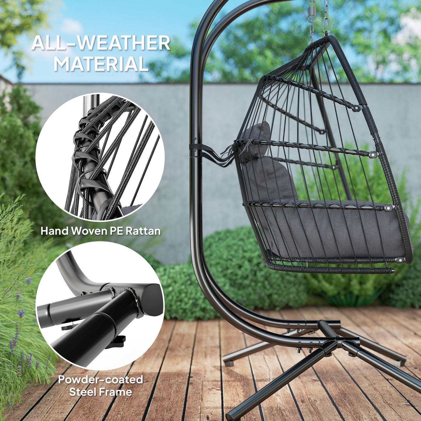 Double Wicker Egg Swing Chair with Stand, Foldable Hanging Egg Chair with UV Resistant Cushion, Headrest, Cream White