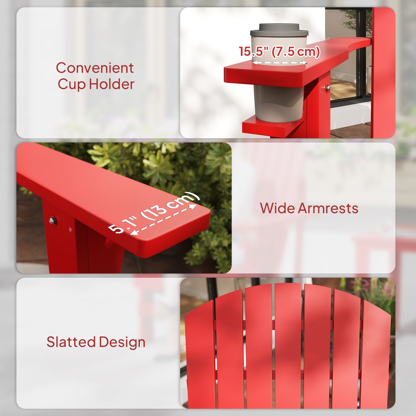 Classic Adirondack Chair, Muskoka Chairs, Garden Deck Chair with Cup Holder for Patio, Indoor, Backyard, Red