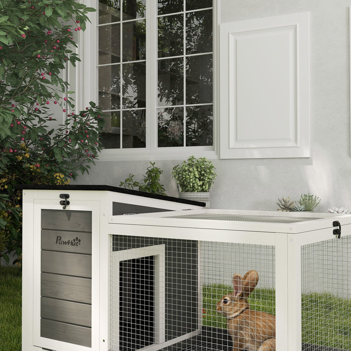 Wooden Rabbit Hutch with Pull-Out Tray, Asphalt Openable Roof, Small Animal Cage on Wheels with Run, Grey