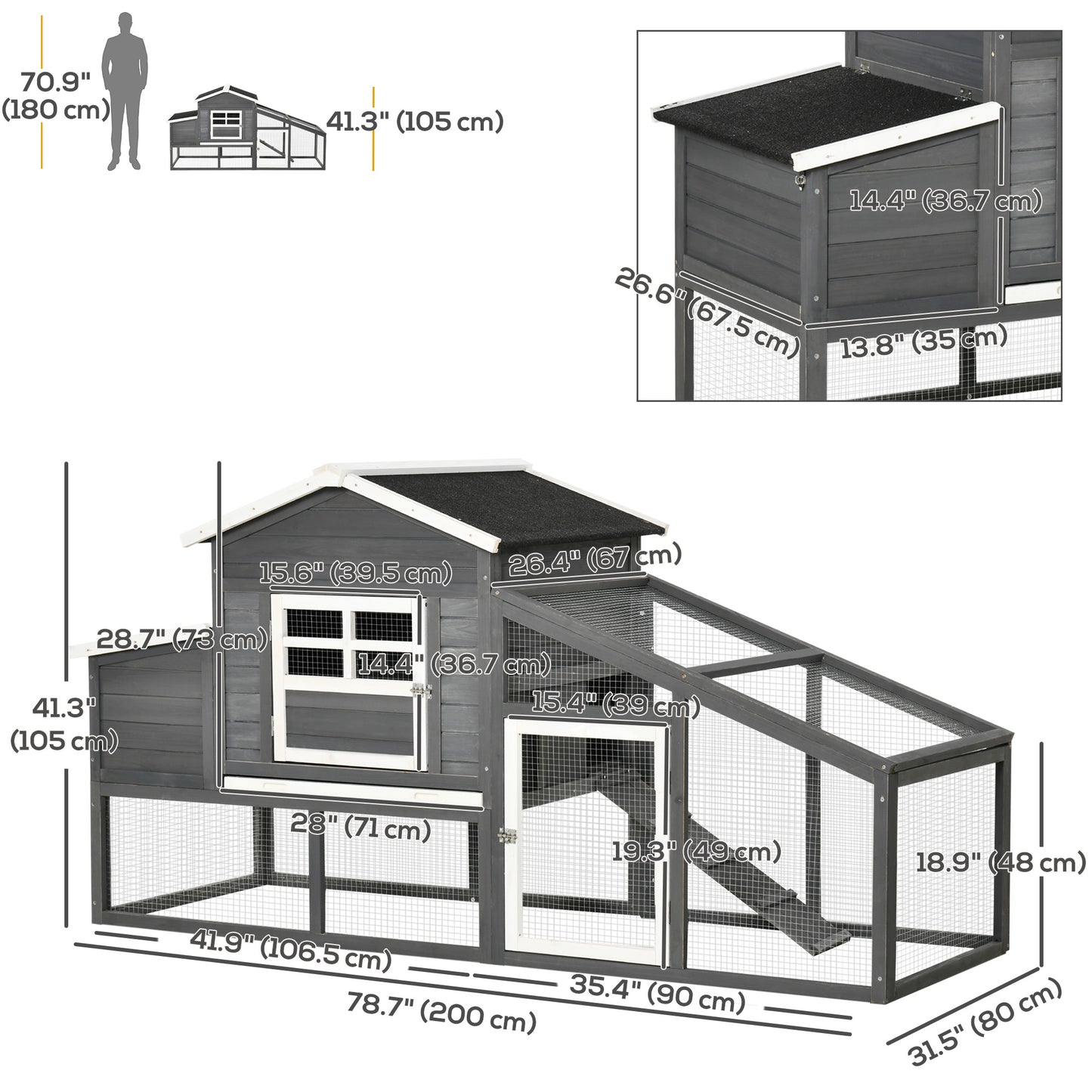 79" Wooden Chicken Coop, Outdoor Hen House, Poultry Habitat with Removable Tray, Nesting Box, Run, Ramp, Grey