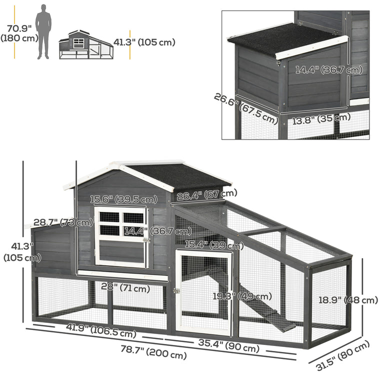 79" Grey Wooden Chicken Coop with Run & Nesting Box