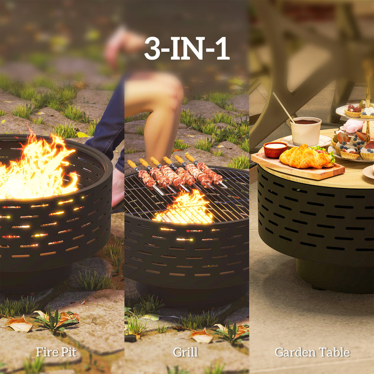 3-in-1 Stainless Steel Fire Pit with Wood-Effect Basket