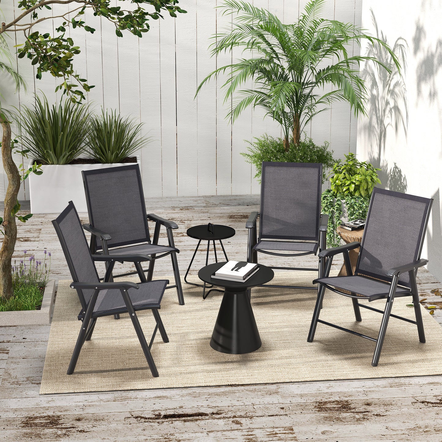 4-Piece Folding Chair Set for Relaxing on Patio Balcony Garden, Comfortable Outdoor Furniture with Armrests, Dark Grey
