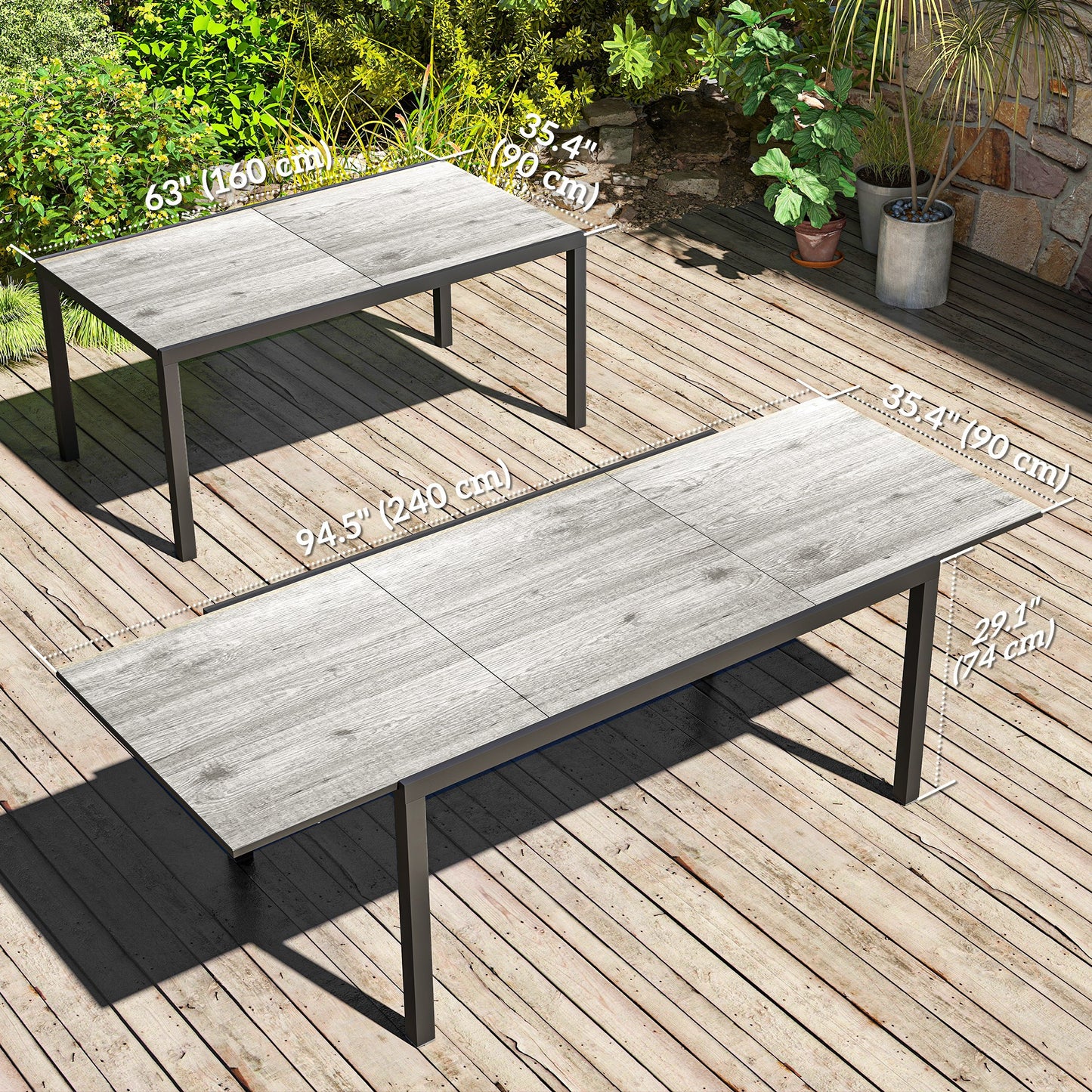 63"-94.5" Extendable Patio Dining Table for 6-8 Person, Outdoor Dining Table with Aluminium Edging, Steel Frame, Grey