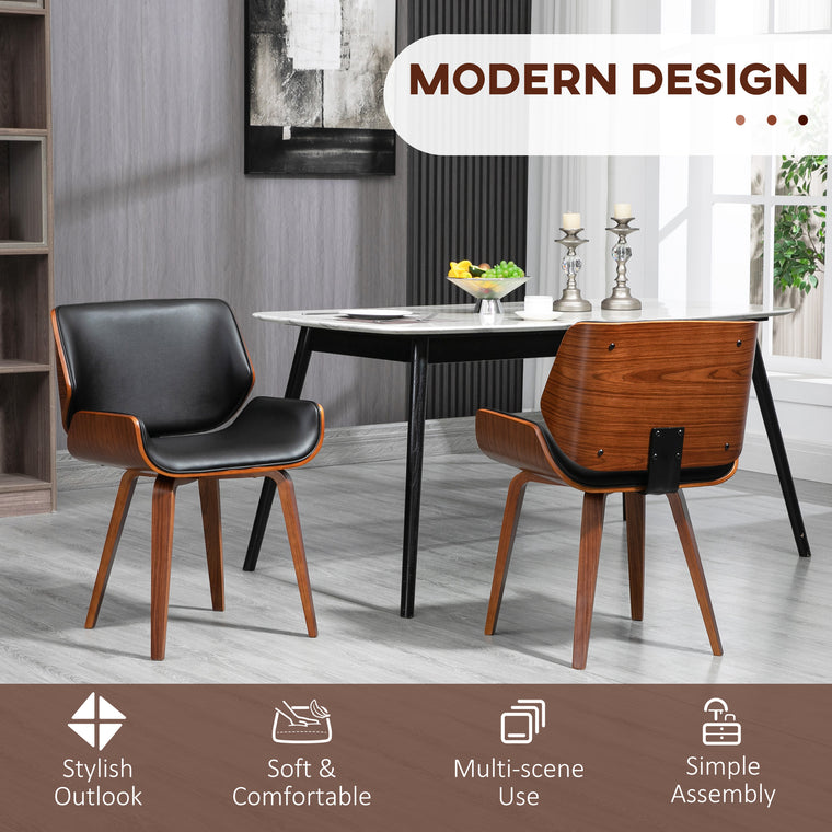 Set of 2 PU Leather Dining Chairs with Wood Legs - Black