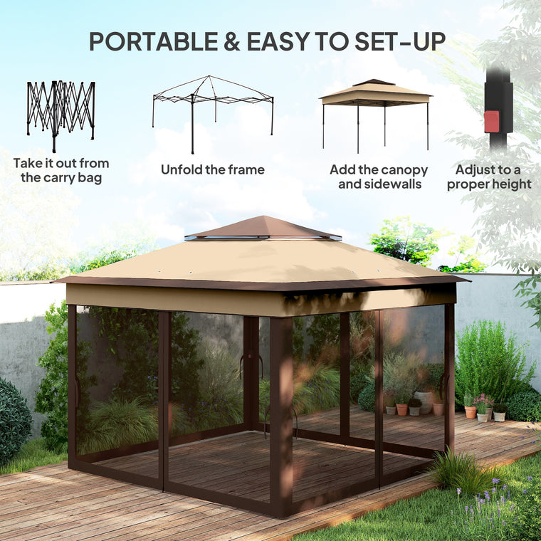 10.7' x 10.7' Beige Pop-Up Gazebo with Mesh Curtains