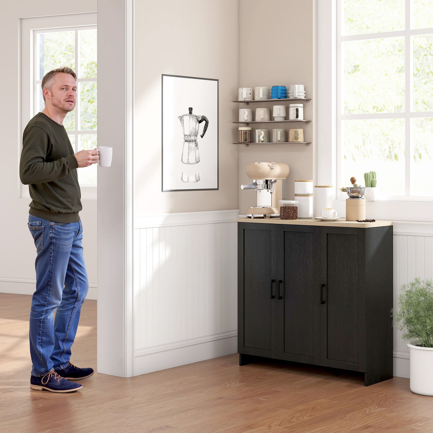 Modern Sideboard Buffet Cabinet, Modern Kitchen Storage Cabinet with 3 Doors Adjustable Shelves, for Dining Room, Black