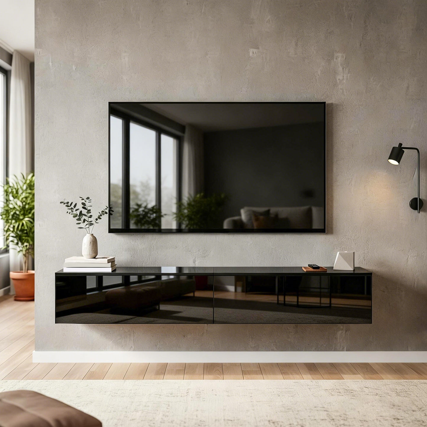 Floating TV Stand for TVs up to 75 Inch, 70.9" TV Cabinet, Entertainment Center with 2 Flip Doors, High Gloss Black