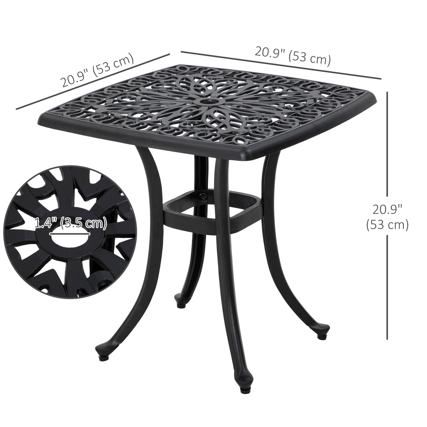 21" Square Outdoor End Table, Cast Aluminum Patio Side Table with Umbrella Hole for Garden, Balcony, Poolside, Black
