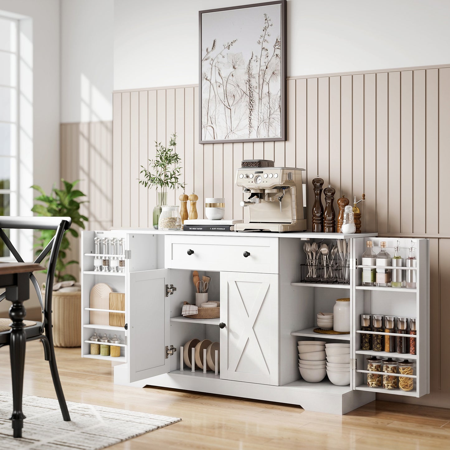 Sideboard Buffet Cabinet, Farmhouse Coffee Bar Cabinet with Door Shelves, Adjustable Shelves, Drawer, Barn Doors, White