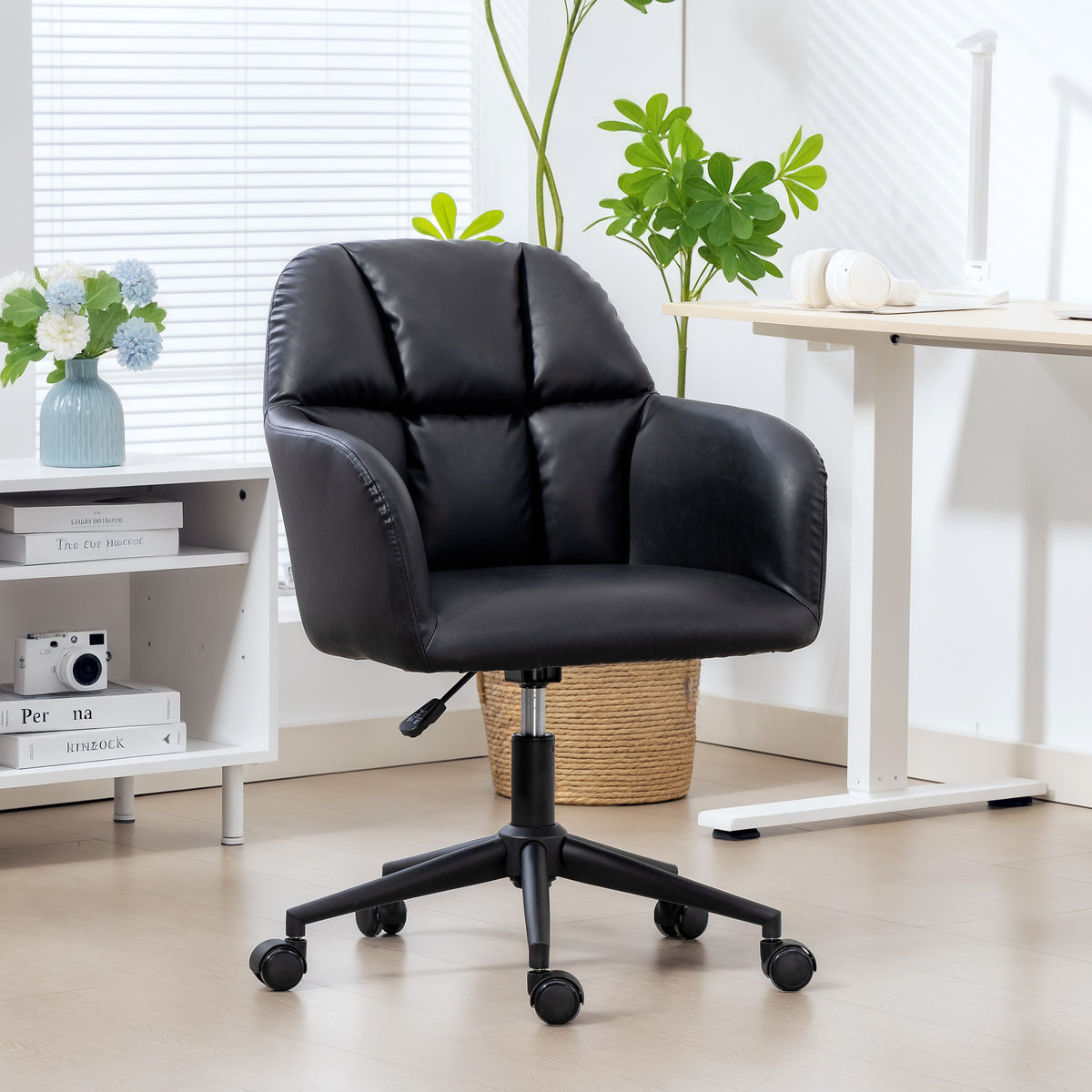Swivel Office Chair, Faux Leather Desk Chair with Adjustable Height for Living Room, Bedroom, Study, Black