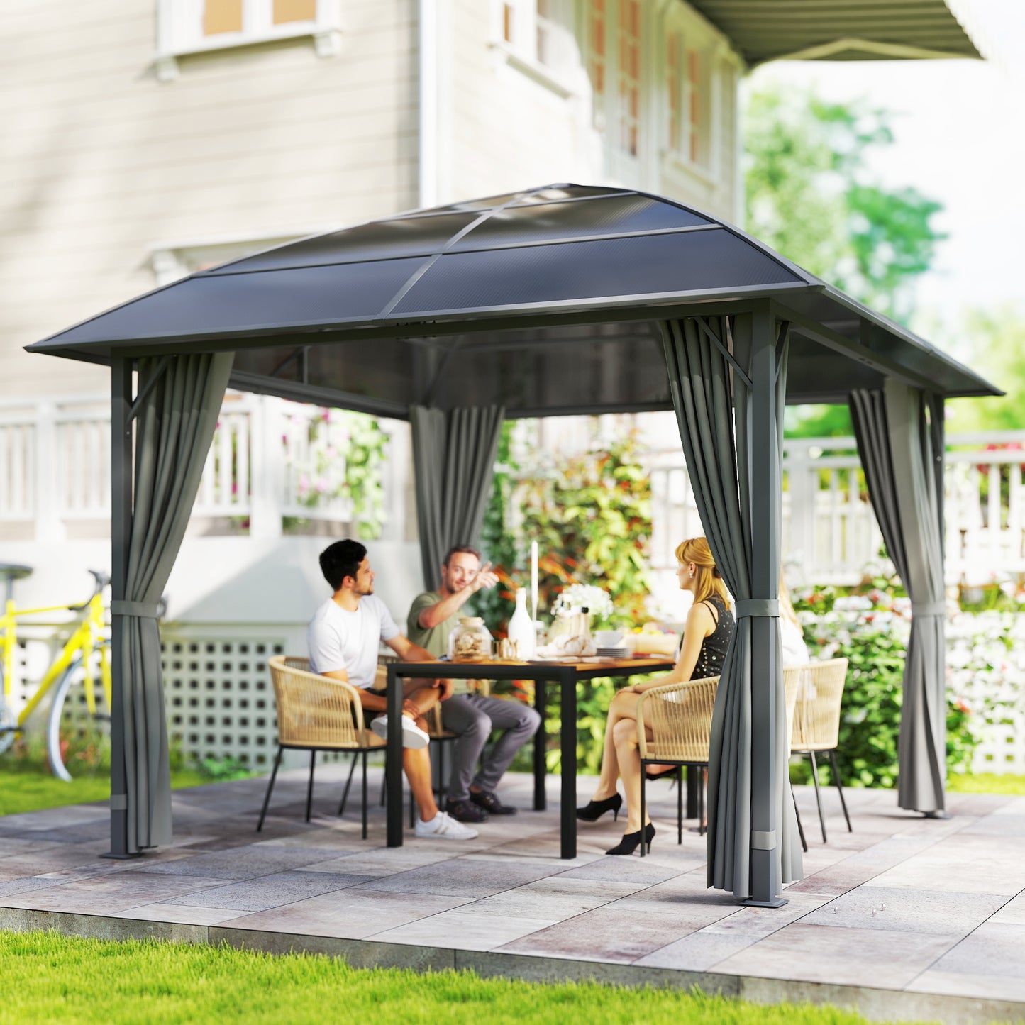10' x 10' Outdoor Hardtop Gazebo Canopy with UV50+ Polycarbonate Roof, Steel Frame, Central Hook, Curtains, Light Grey