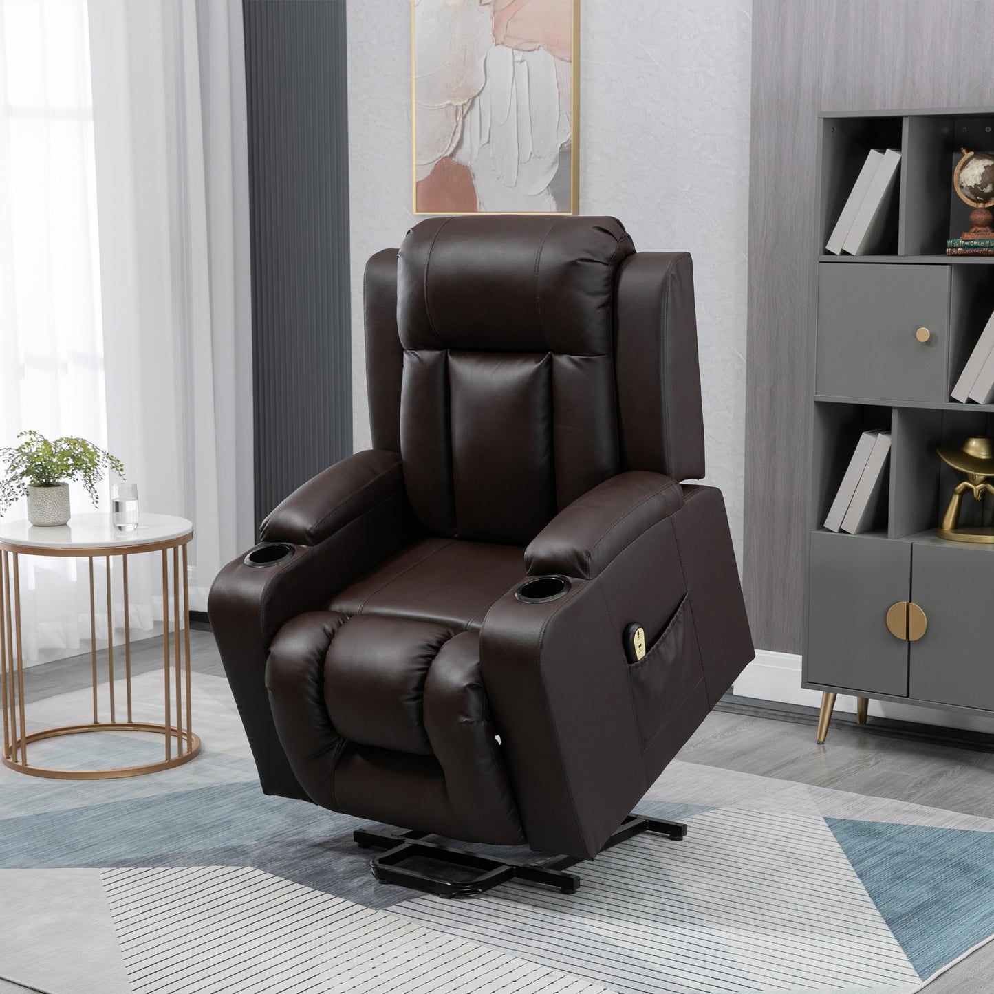 Electric Power Lift Chair, PU Leather Recliner Sofa with Footrest, Remote Control and Cup Holders, Brown