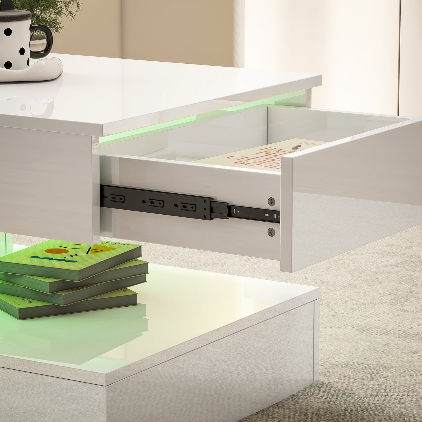Coffee Table with Adjustable LED Lights, Modern Living Room Table with 2 Drawers, Open Shelf, Remote, High Gloss White