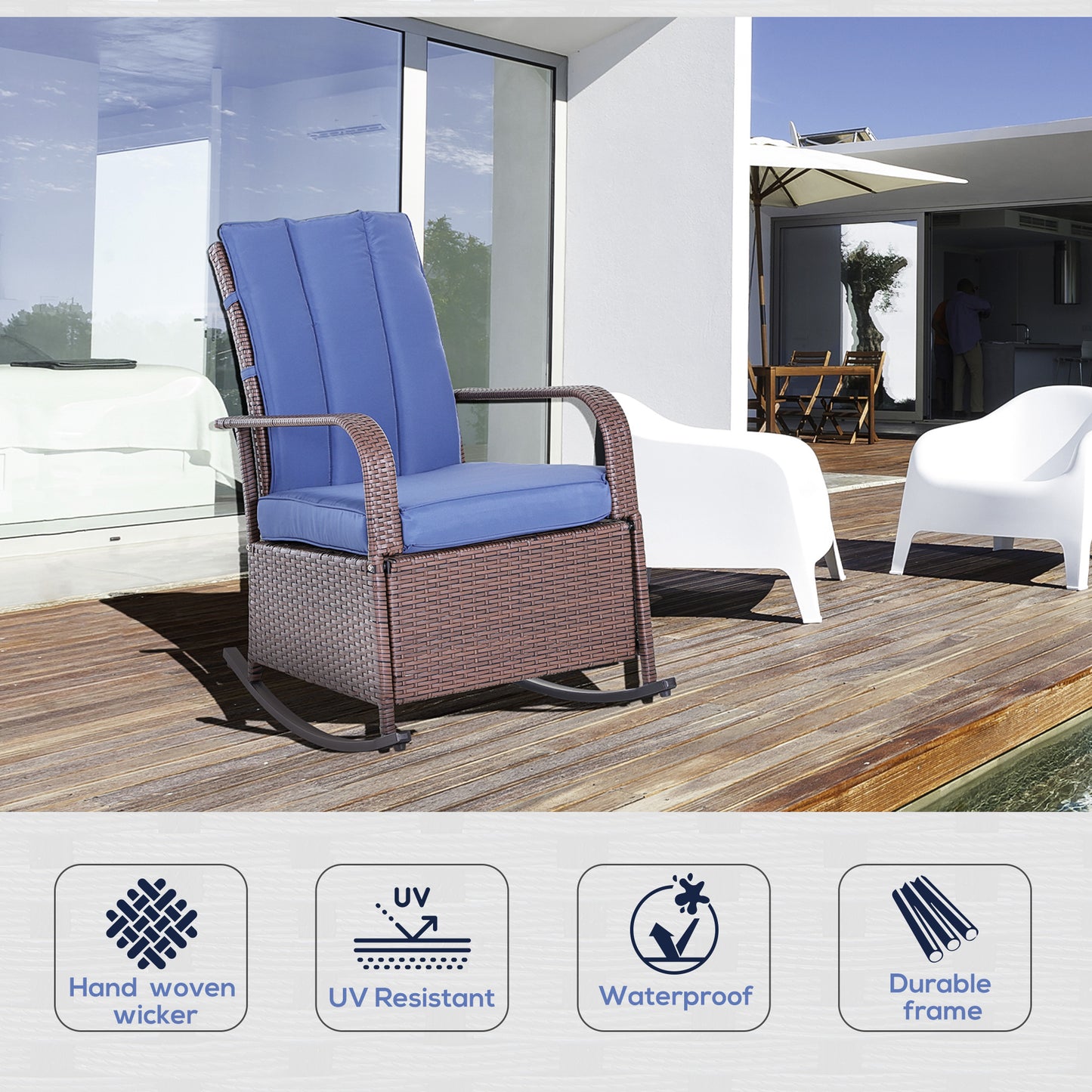 Outdoor Wicker Rocking Chair with Cushion, Patio PE Rattan Recliner Chair with Adjustable Footrest, Armrests, Red