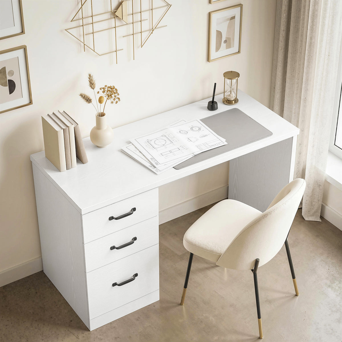 Computer Desk with 3 Drawers, 47" Home Office Desk with Adjustable Hanging Rails for Letter A4 Files, White