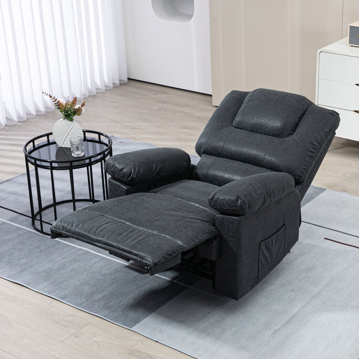 PU Leather Reclining Chair, Manual Recliner Chair for Living Room with Footrest, 2 Side Pockets, Steel Frame, Black