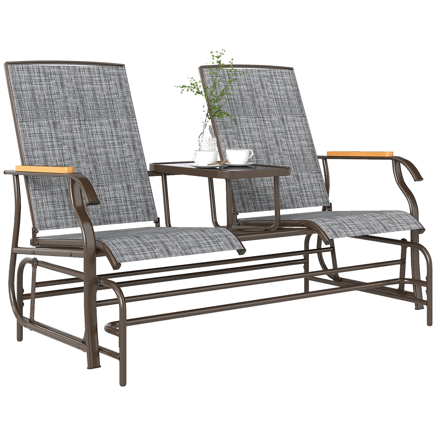 Outdoor 2-Person Glider Bench, Outside Swing Glider Chair Loveseat with Breathable Mesh, Table, Steel Frame