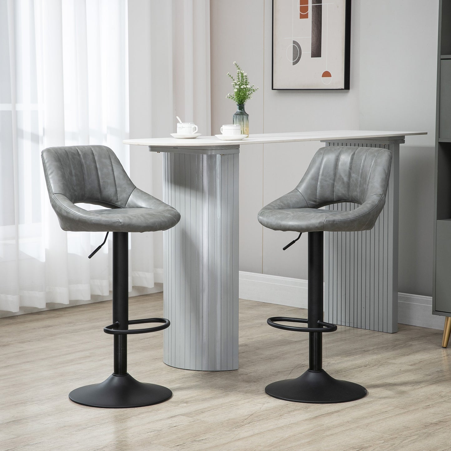 Bar Stools Set of 2, Swivel Counter Height Barstools with Adjustable Height and Cutout Back, Faux Leather Upholstered Bar Chairs with Round Metal Base and Footrest, Grey