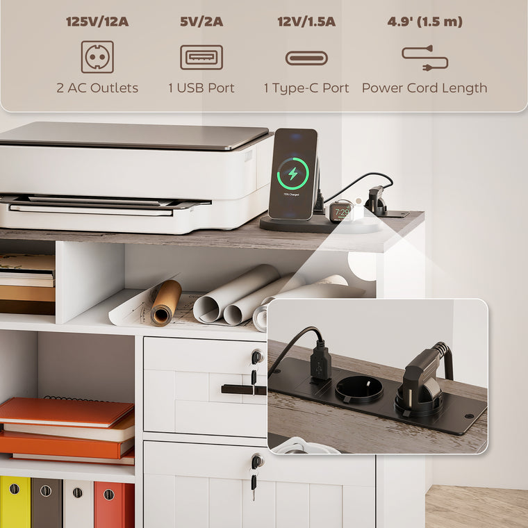 Mobile Printer Stand with Charging Station & Lock - White