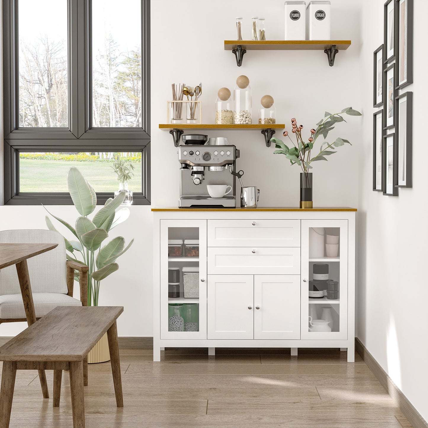 Buffet Cabinet Sideboard with 2 Drawers, 3 Storage Cabinets, Glass Doors and Adjustable Shelves, White
