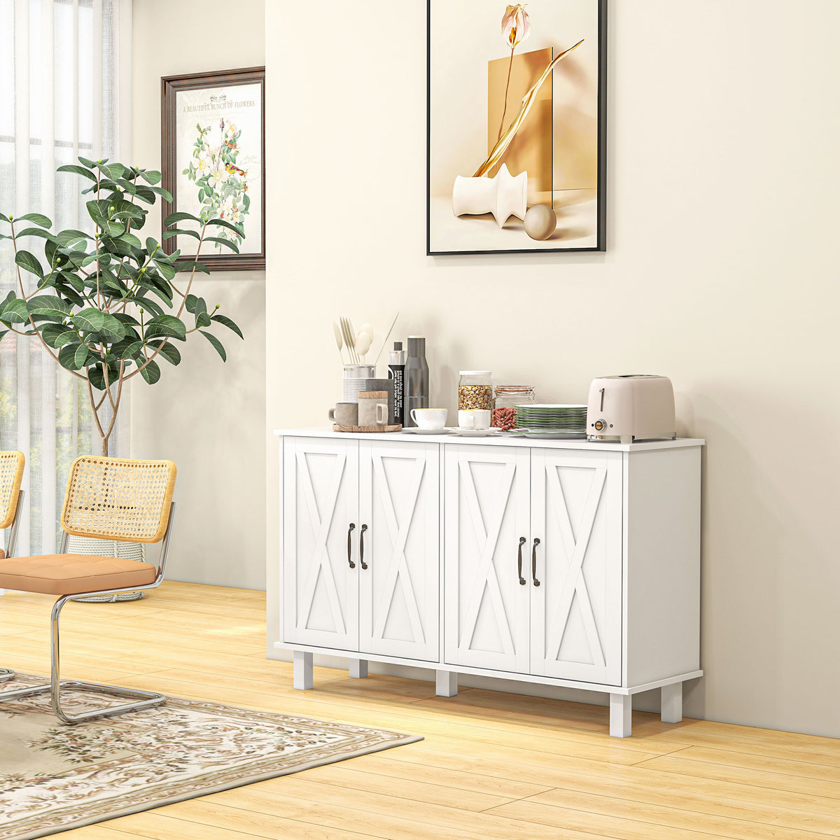 Kitchen Sideboard Cabinet with 4 Barn Doors and 2 Adjustable Shelves, Buffet Table for Living Room, Hallway, White