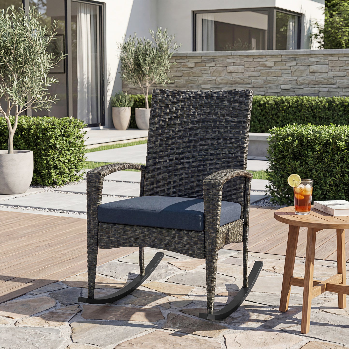 Outdoor Rocking Chair, Patio Wicker Chair Removable Cushion, High Back and Armrests for Porch Balcony, Navy Blue