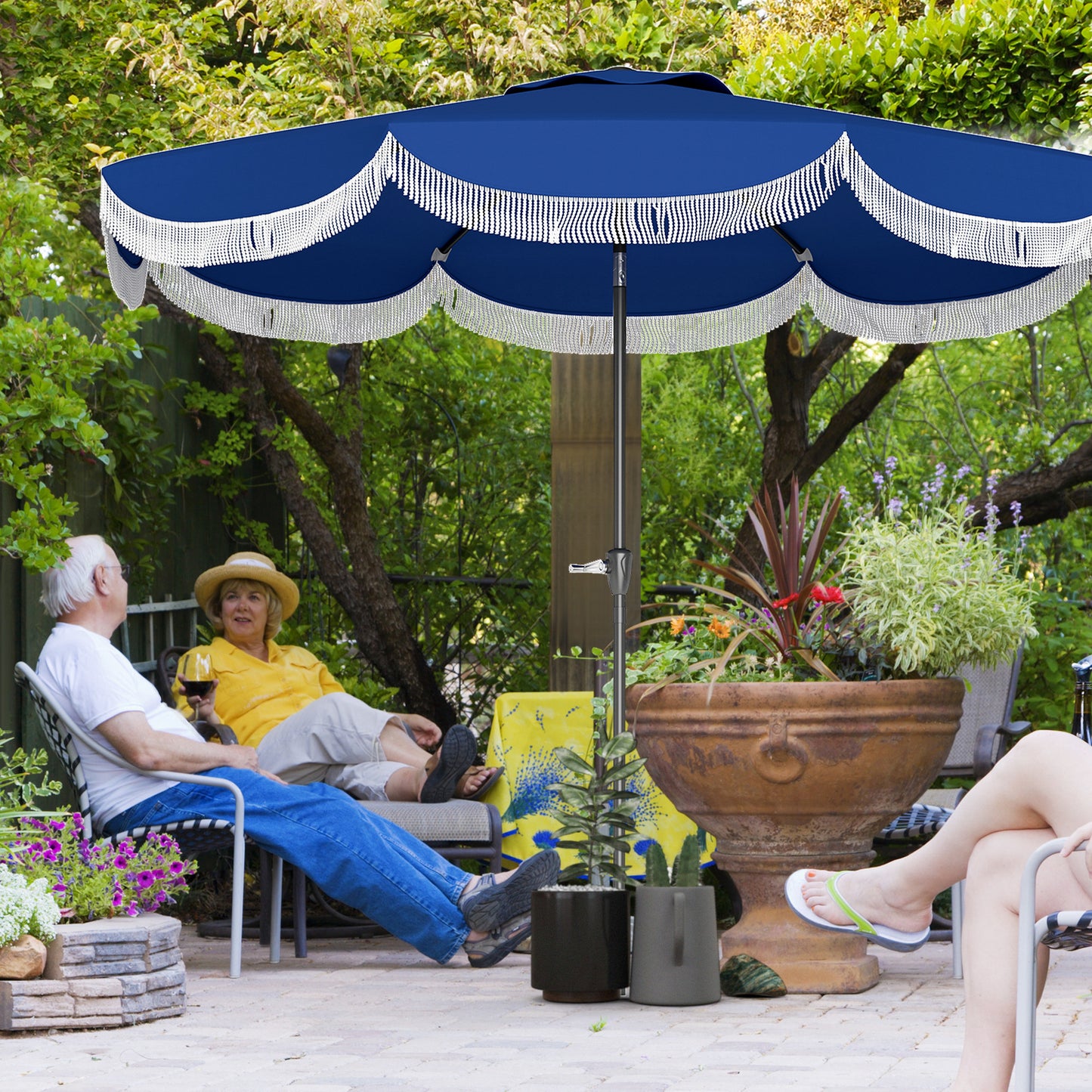 9FT Patio Umbrella Parasol, UPF 30+ Outdoor Market Umbrella with Crank, 8 Ribs, Push Button Tilt, Blue