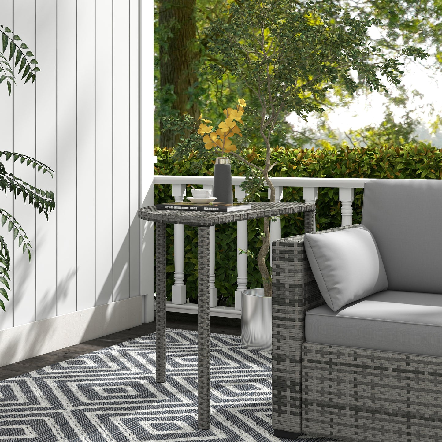 Half Round Side Table, PE Rattan Coffee Table with Metal Frame for Patio, Garden, Balcony, Grey