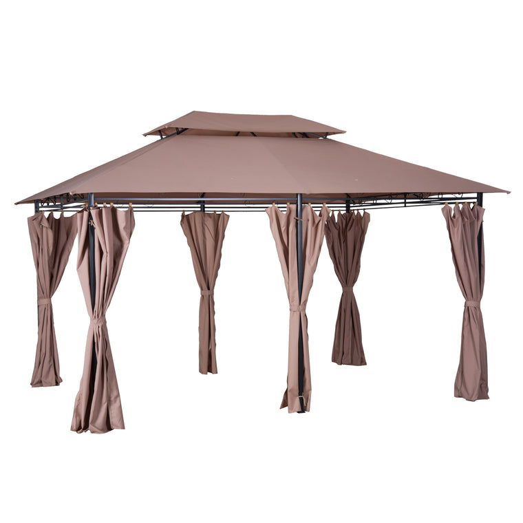 10' x 13' Khaki Gazebo with 2-Tier Roof & Curtains
