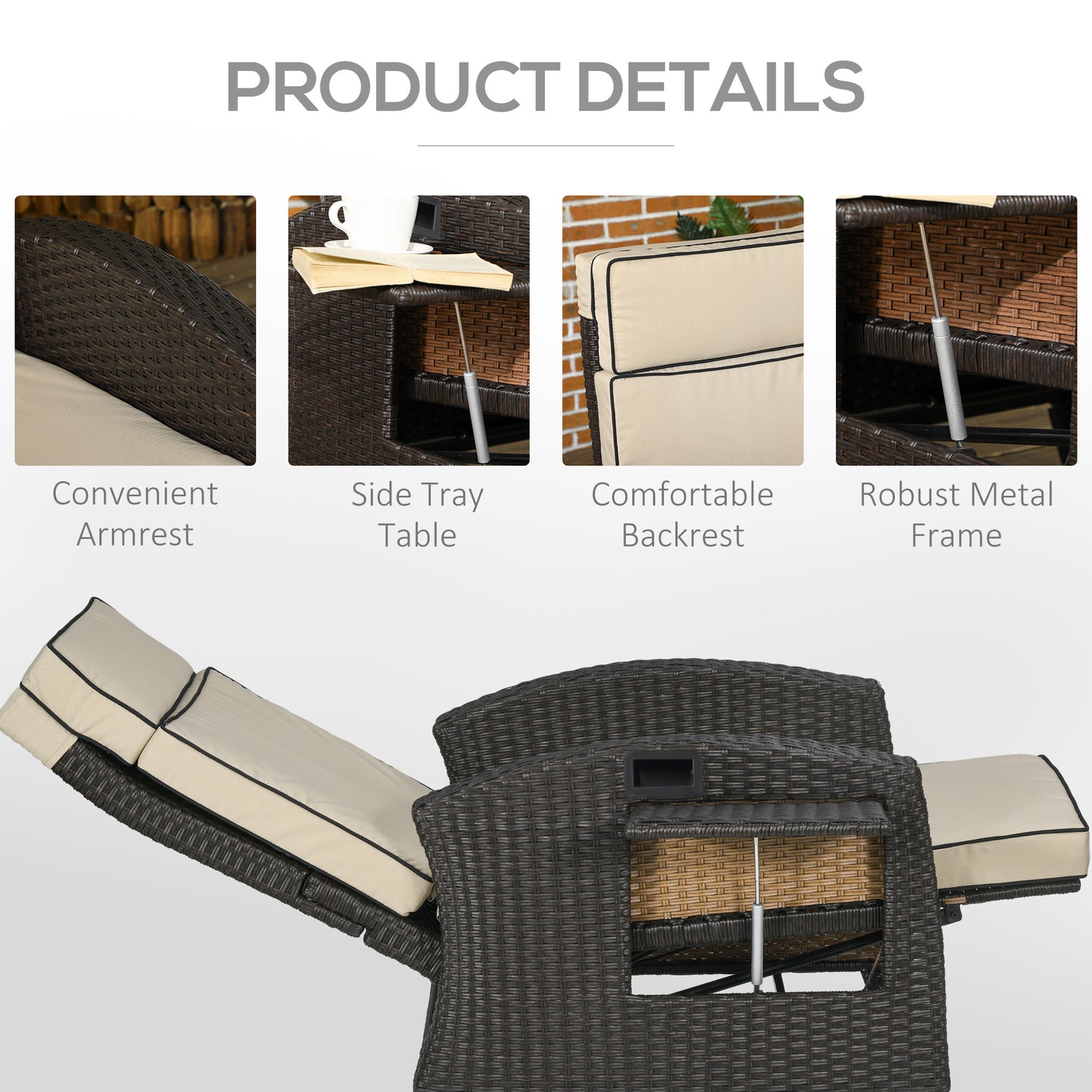 Outdoor Recliner Chair with Adjustable Backrest, Cushion, Side Tray, Black