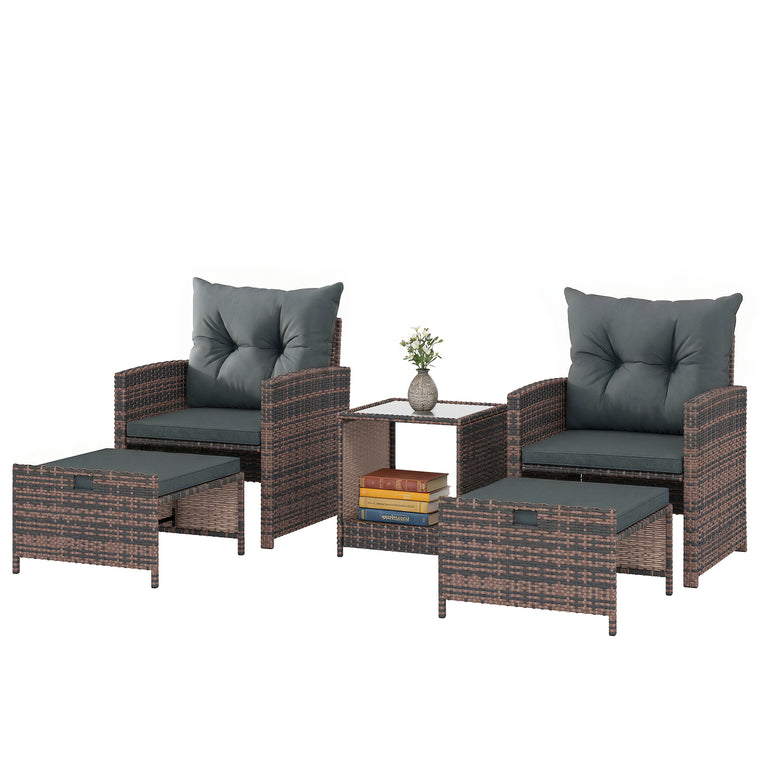 5-Piece Wicker Set with Ottomans & Glass Table - Brown/Dark Grey