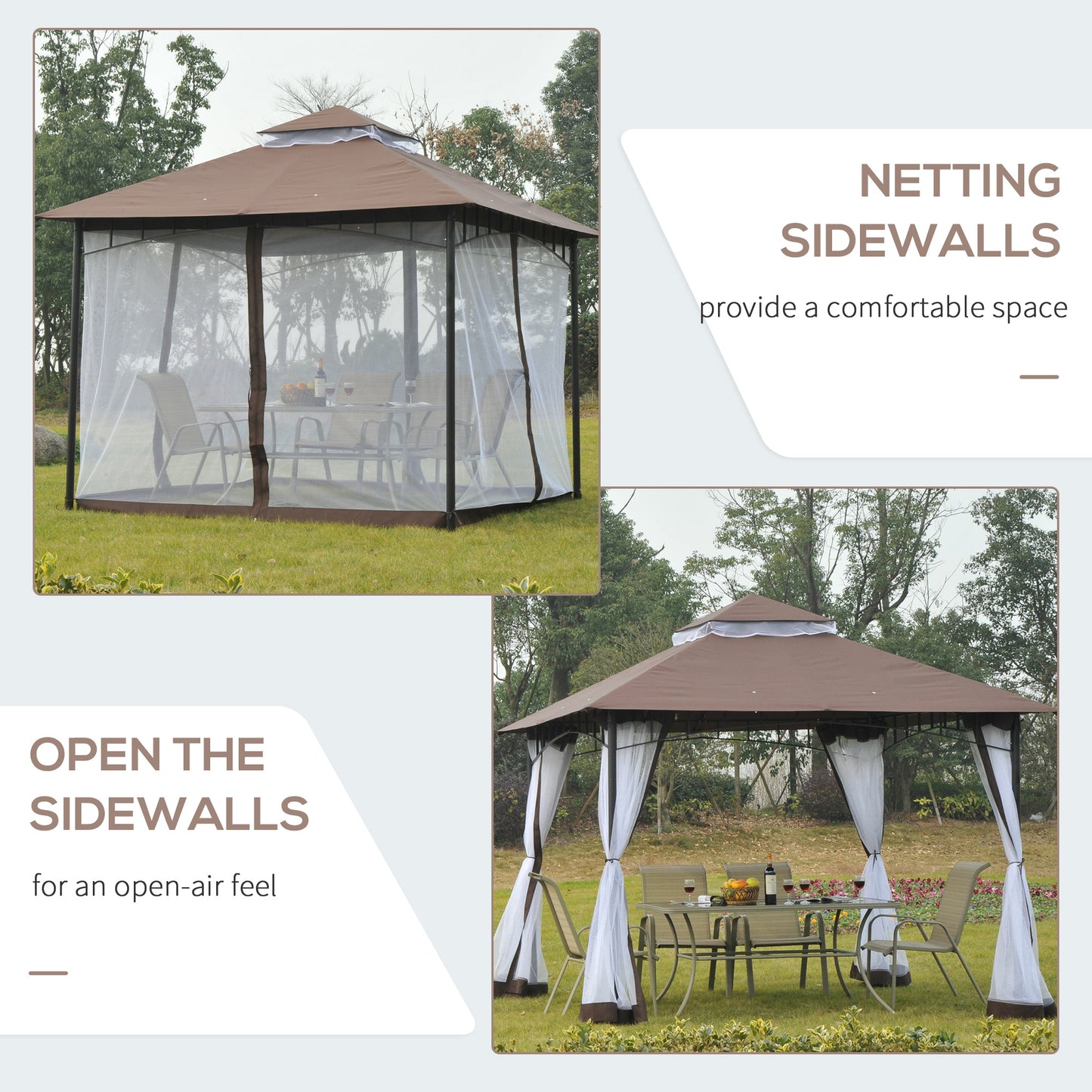 10' x 10' Double Tier Garden Gazebo Canopy Outdoor Sunshade Tent Anti-UV Roof with Metal Frame, Coffee