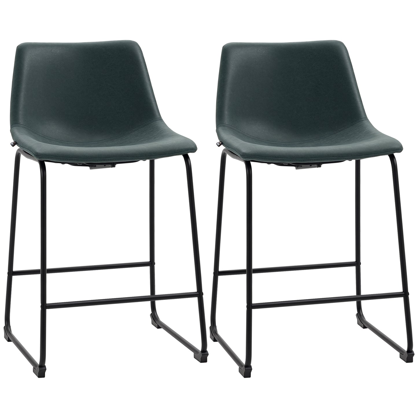 Counter Height Bar Stools Set of 2, Vintage PU Leather Bar Chairs, Kitchen Stool with Footrest for Home Bar Green