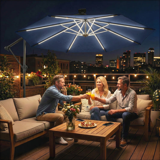 10 ft Offset Patio Umbrella with Solar Light, Garden Hanging Parasol with 360° Rotation, Tilt, Cover, Navy Blue