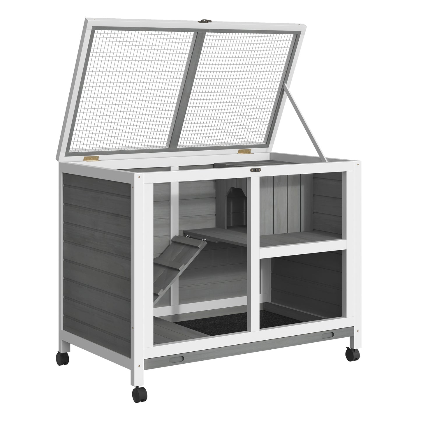 Indoor Rabbit Hutch with Wheels, Bunny Cage Guinea Pig House W/ Top Access, Ramp, Pull Out Tray, Grey