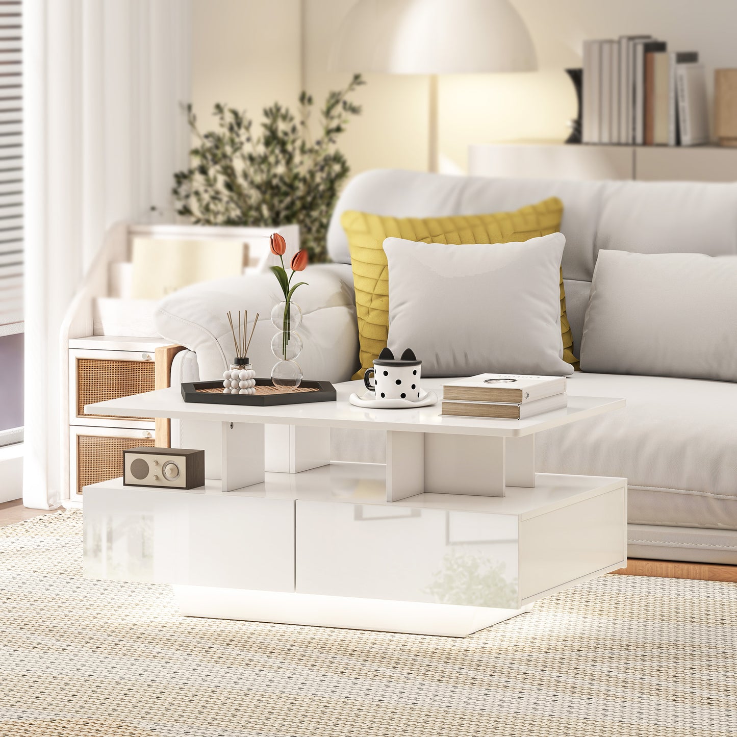 Coffee Table with RGB LED Lights, Modern Living Room Table with 4 Drawers, Open Shelf, Remote Control, High Gloss White