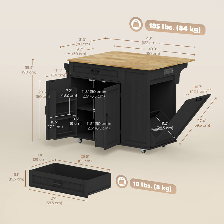 Kitchen Island Cart with Drop Leaf and Charging Station