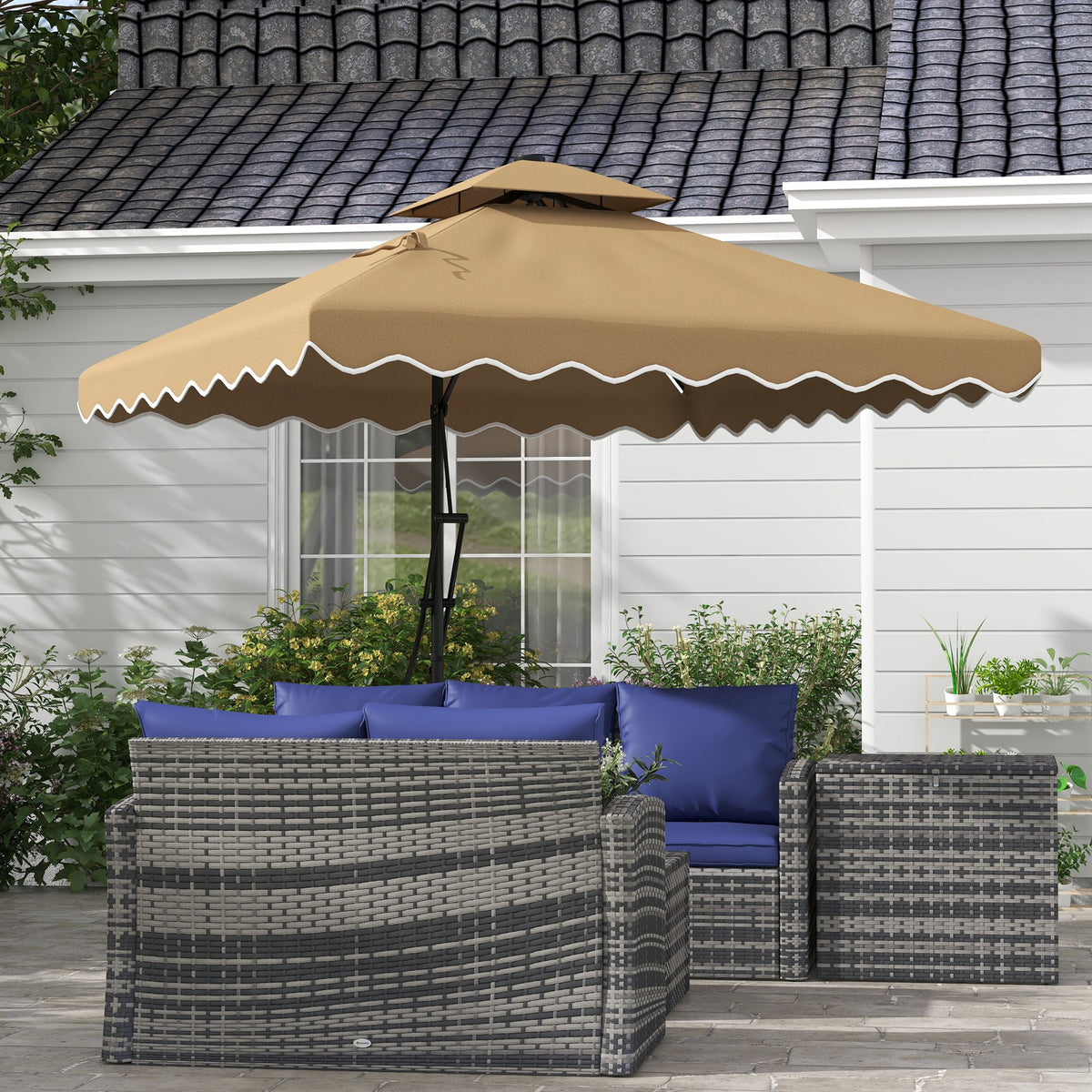 8' x 8' Khaki Double-Top Offset Parasol with Solar LEDs