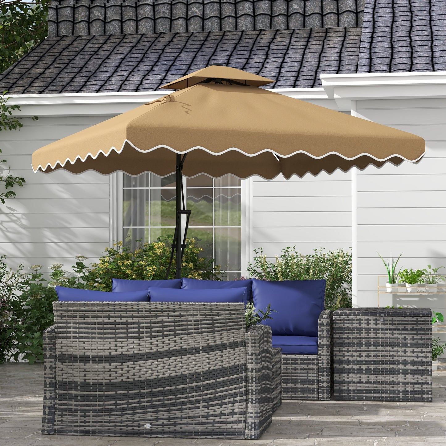 8' x 8' Khaki Double-Top Offset Parasol with Solar LEDs