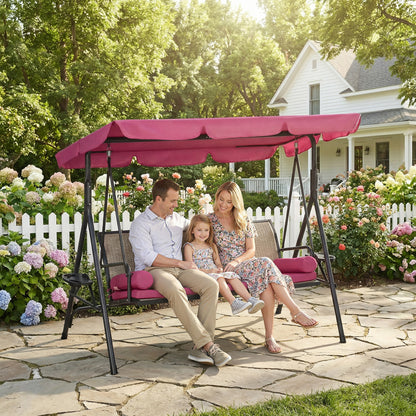 Outdoor 3-Seat Porch Swing with Canopy, Rattan Seat, Removable Cushion, Pillows and Steel Frame - Walnut