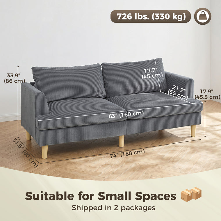 74" 3-Seater Corduroy Sofa with Spring Cushions