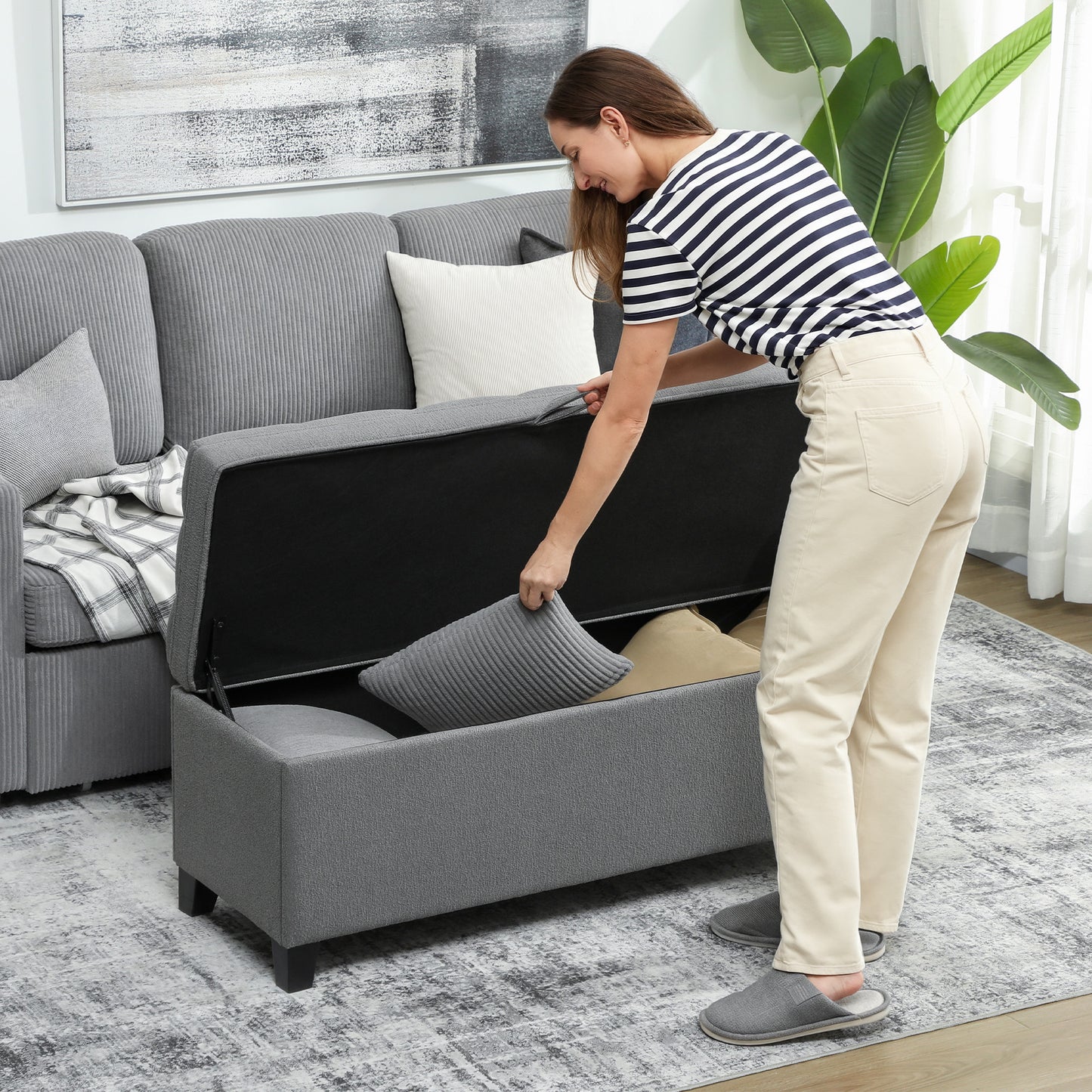 Storage Ottoman Bench, Foot Rest with Safety Hinges, 47 Inches Linen Storage Chest for Living Room, Dark Grey