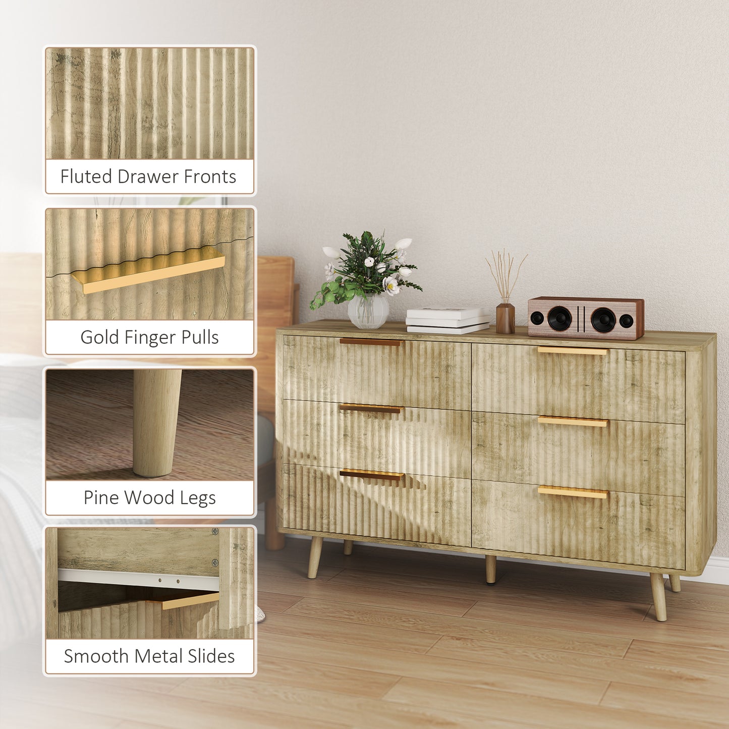 Fluted Chest of Drawers, Modern 6 Drawer Dresser with Pine Wood Legs, Finger Pulls for Closet, Living Room, Hallway, Oak