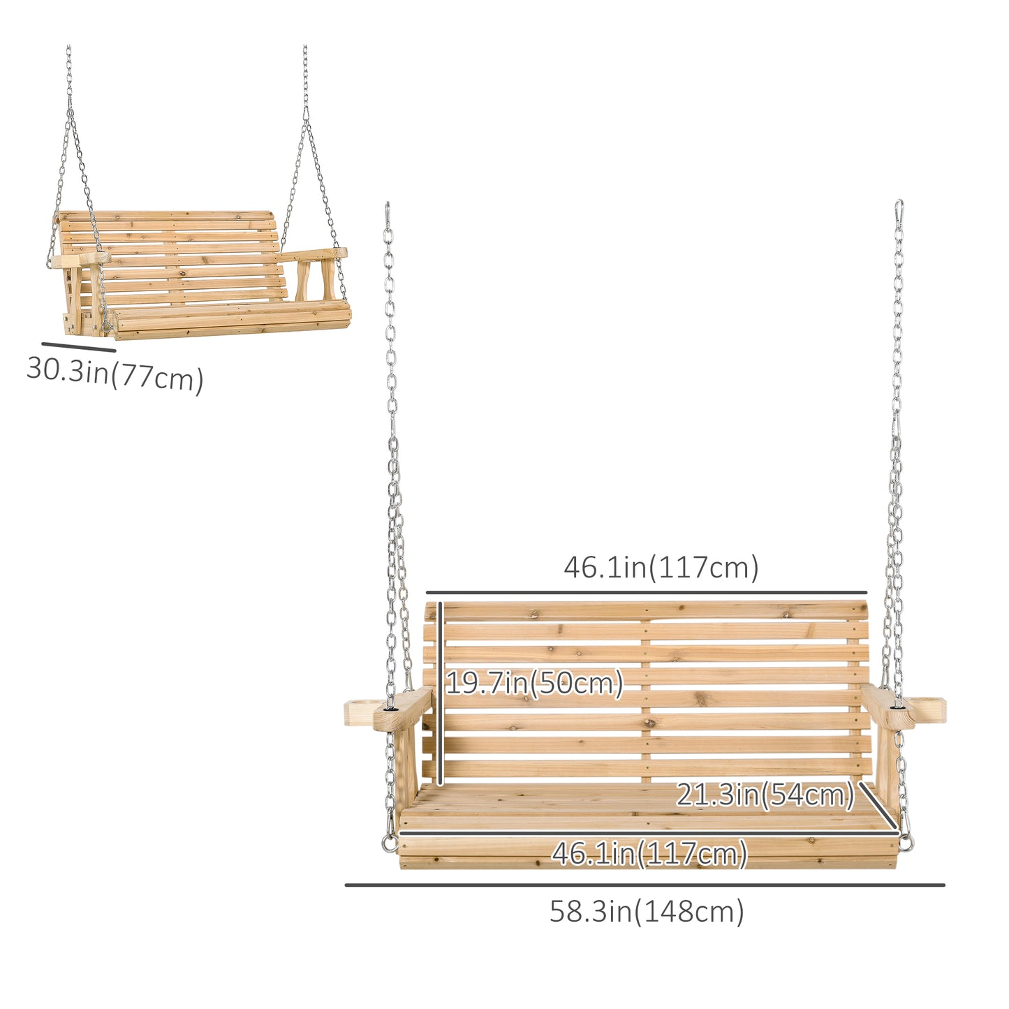 2 Seater Porch Swing Wooden Patio Swing Chair Seat with Cup Holder and Chains Outdoor Swing Bench for Garden Yard, White
