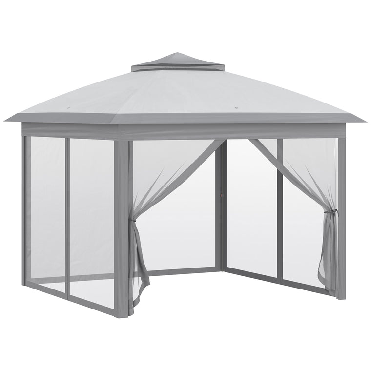 11' x 11' Grey Pop-Up Gazebo with Double Roof & Mesh Sidewalls